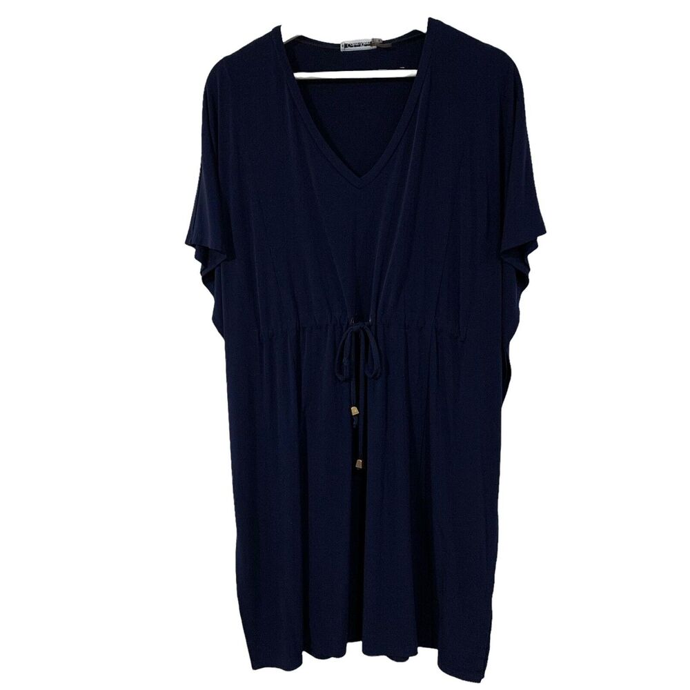 Calvin Klein Size 4 Cover Up V-neck Short Sleeve Navy Blue Swim Drawstring Waist